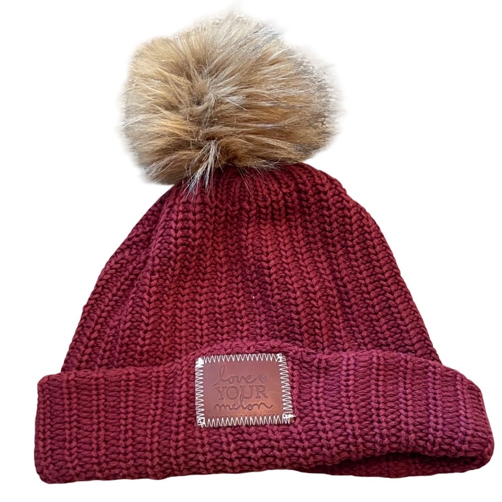 LOVE YOUR MELON Red Cuffed Pom Pom Cotton OVERSIZED Beanie Hat Leather Patch